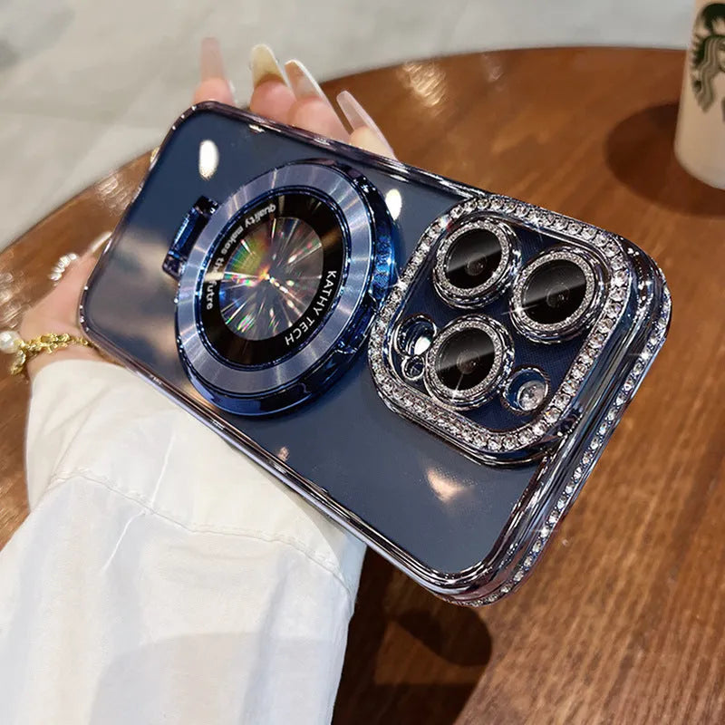 Transparent silicone iPhone case with rhinestones and a magnetic bracket in blue colour.
