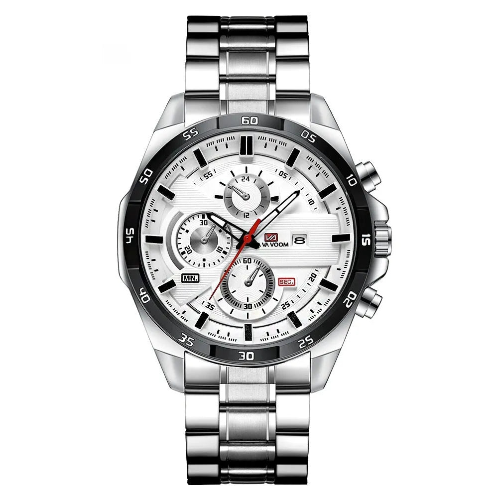 Men's casual quartz watch with leather strap and metal case in various colour combinations