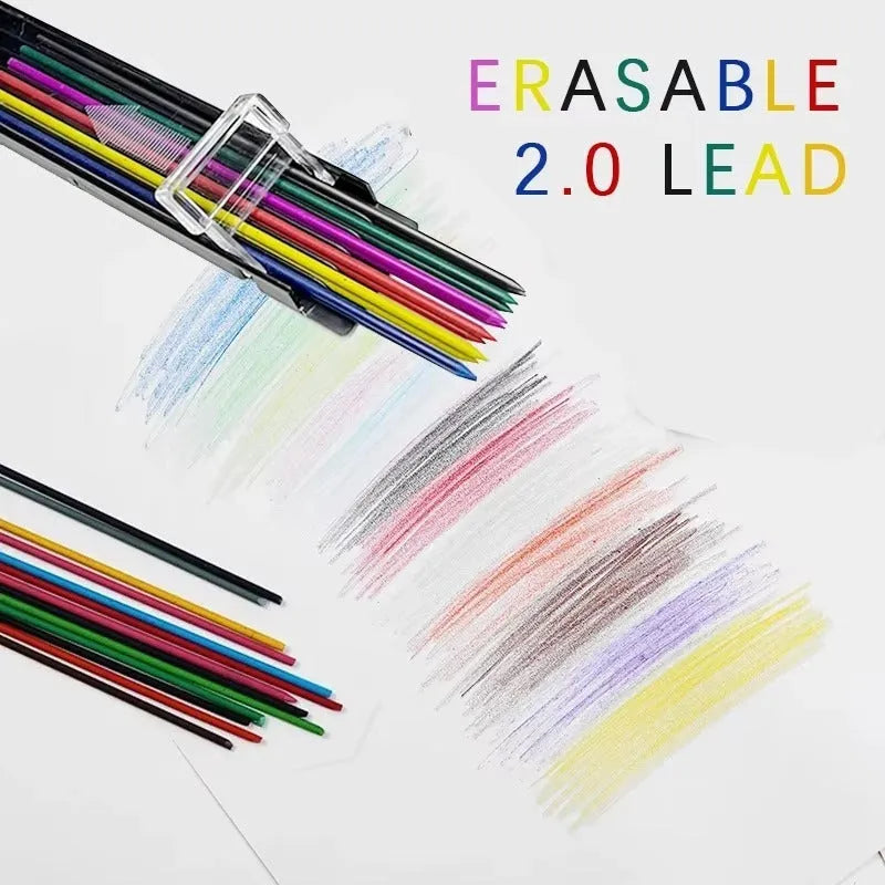 Boxed set of 12 rainbow coloured mechanical pencil replacement leads for drawing and writing