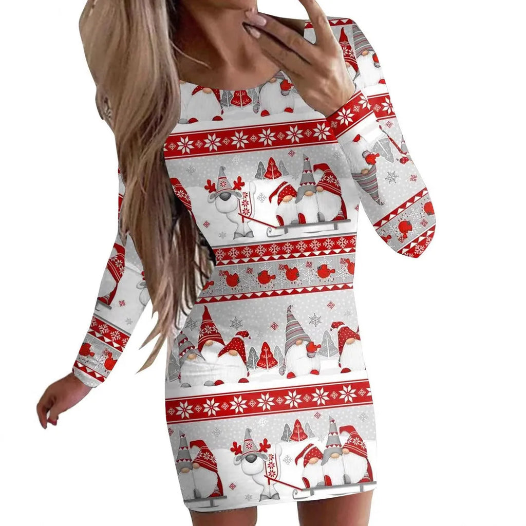Christmas printed floral pattern dress with round neck and long sleeves in tight fit