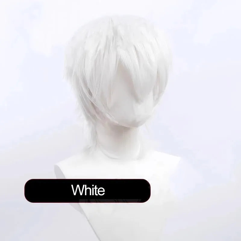 Men's short black anime-style cosplay wig on a stand
