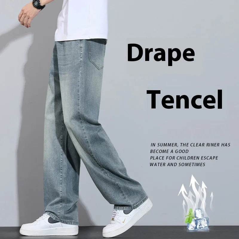 Straight-leg denim trousers in UK2560 blue with wide-leg silhouette and zip fly opening