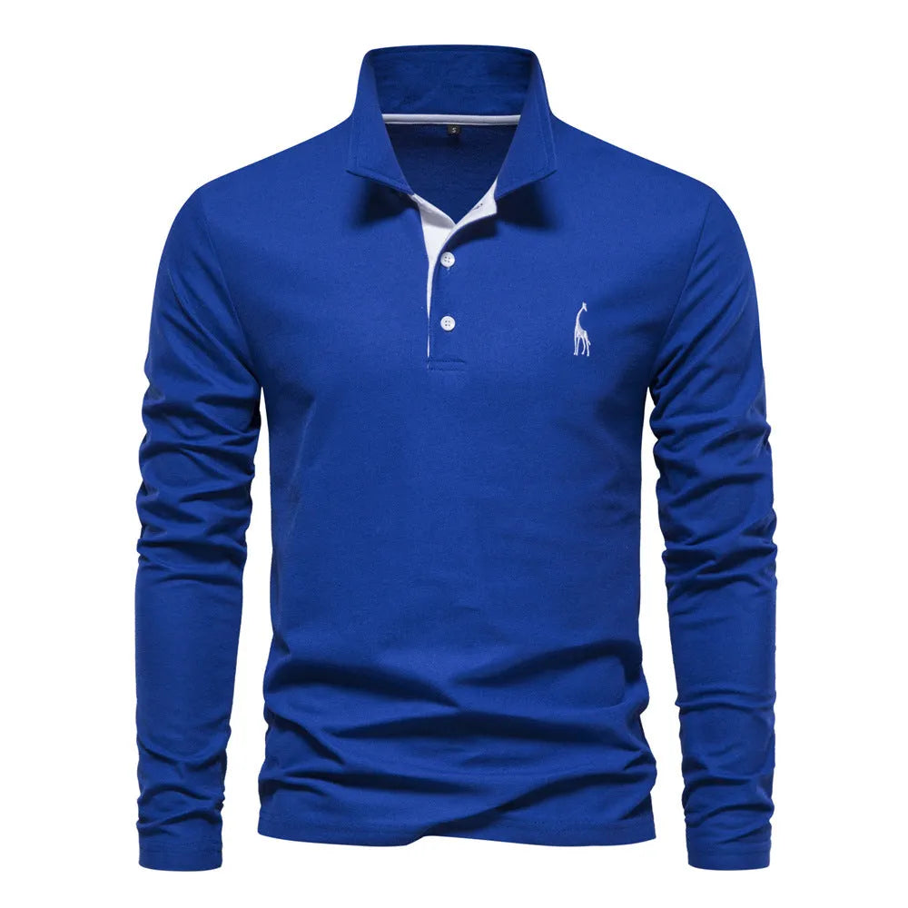 Men's casual polo long sleeve top with deer embroidery, cotton blend, available in multiple colours
