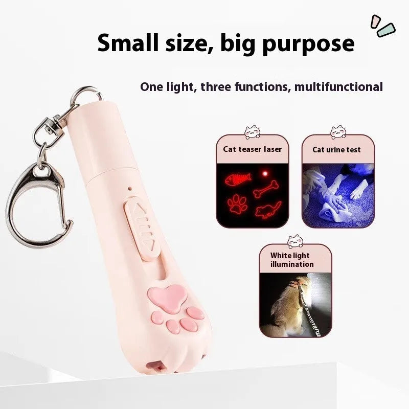 Rechargeable cat teaser pen light toy in pink, cream, and sky blue colours with Self-Hi button.