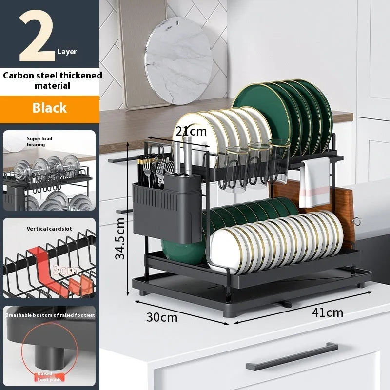 White double-layer kitchen storage rack with removable draining feature on countertop