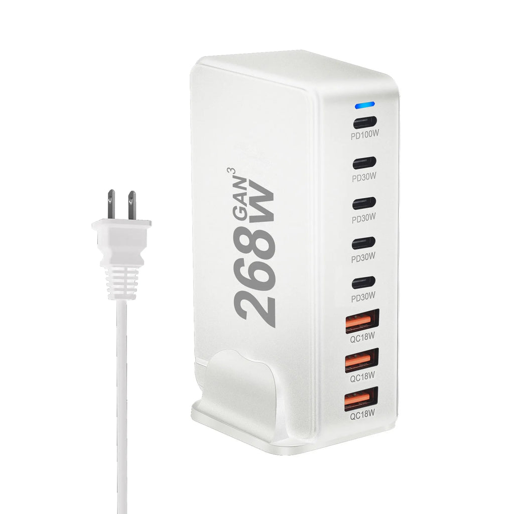 268W gallium nitride desktop charger with eight ports, white colour, Type-C and USB-A connections
