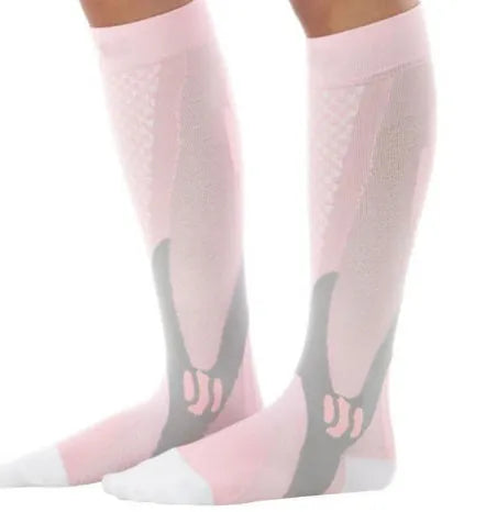 Graduated compression socks in black, shown with size guide for S/M, L/XL, and XXL.