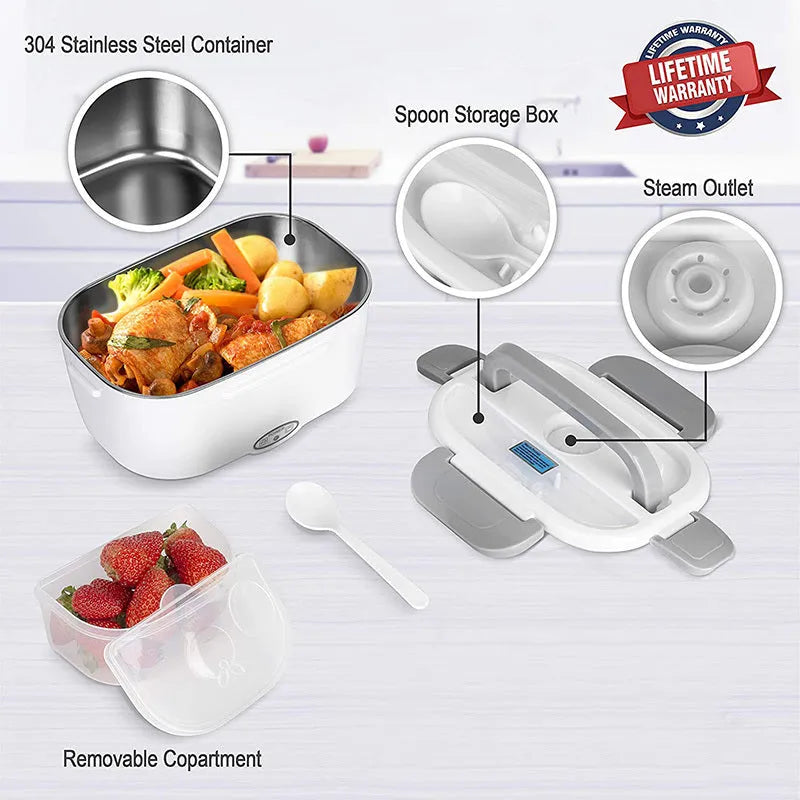 Grey plastic electric lunch box with stainless steel inner liner showing mechanical control dial