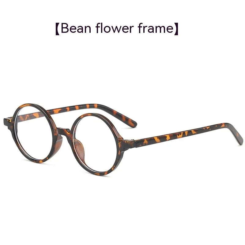 Artistic retro round glasses flat mirror in bright black, sand black, tofu pudding frame, and transparent grey colours