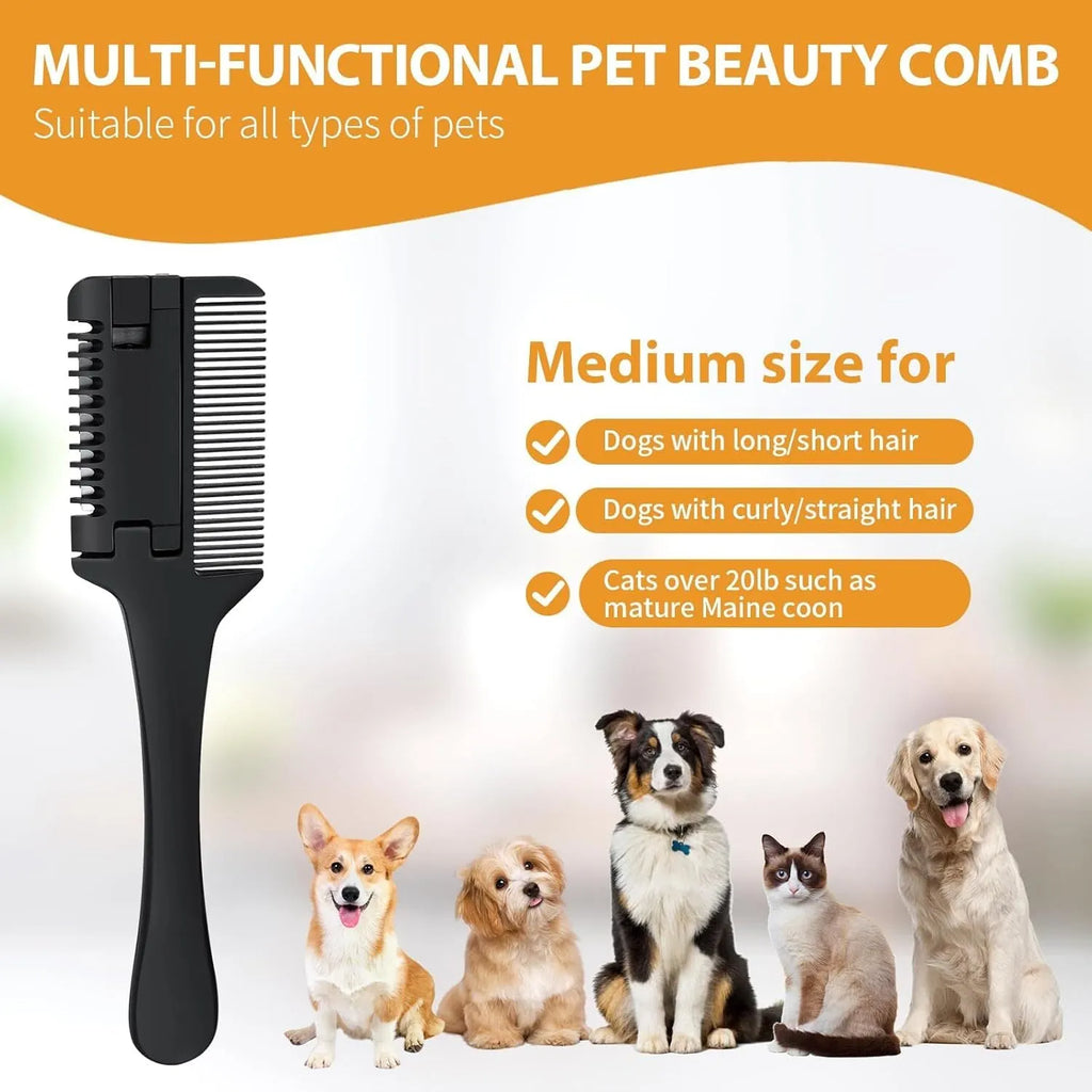 Razor comb for dogs and cats with attached blade and packet of ten spare replacement blades.