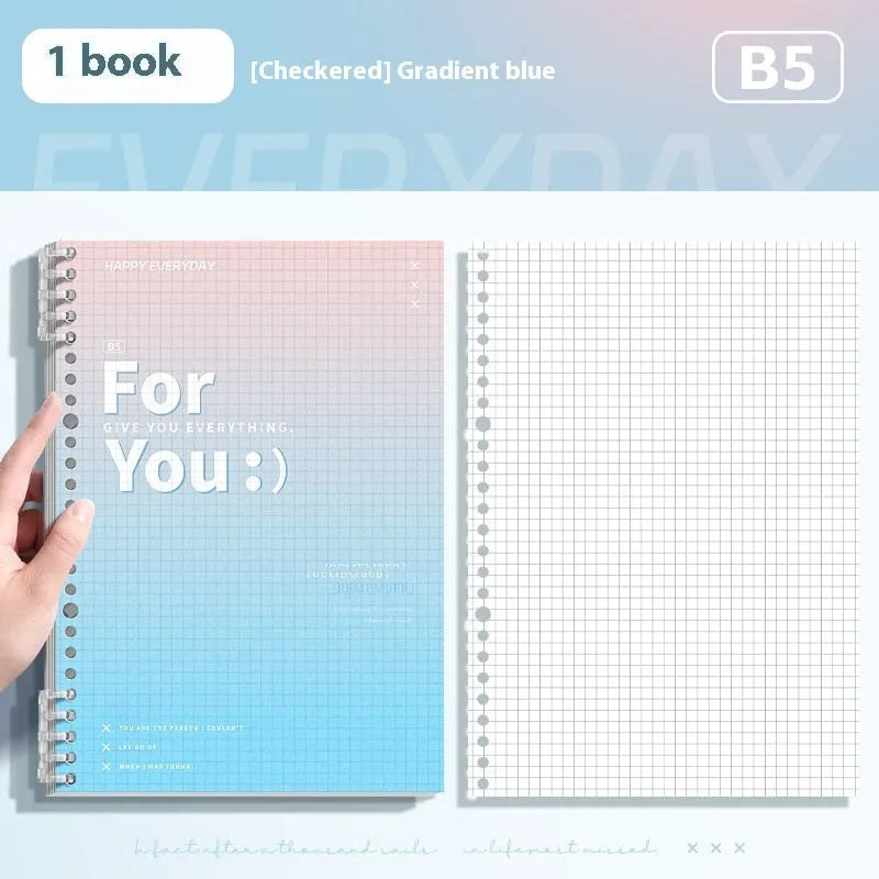 Removable coil gradient notepad in blue, green, pink, or purple, showing A4 and B5 size options.