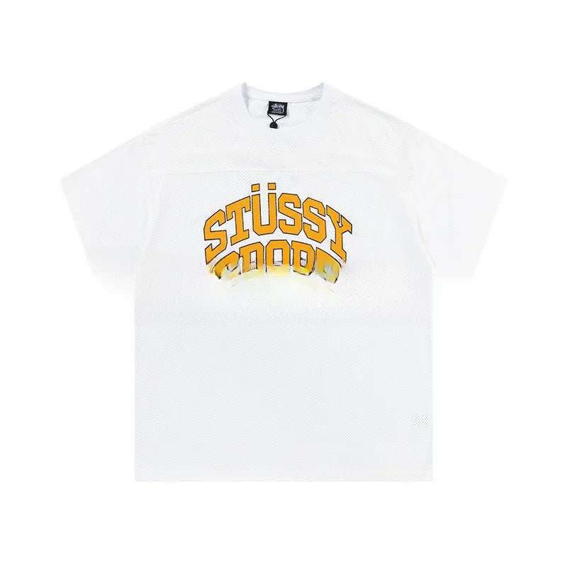 Cotton letter print short sleeve jersey pullover in loose fit, available in black, white, apricot, green, dark blue, khaki, grey