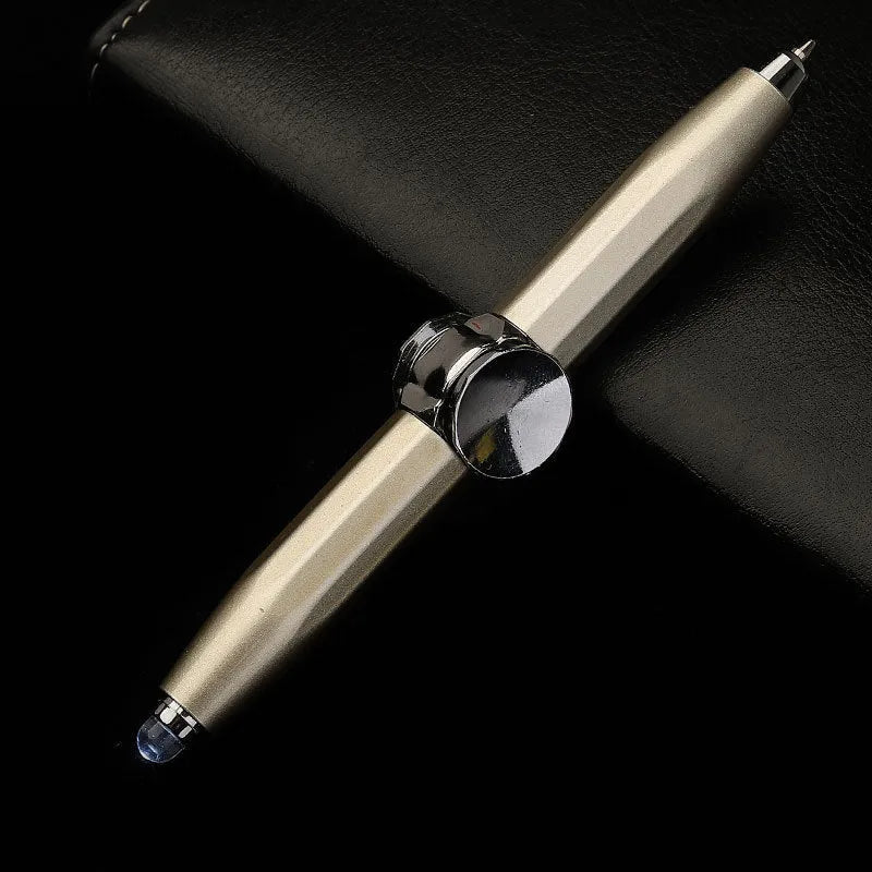 Metal gyro ballpoint pen with LED spinner, shown in multiple refill colour options.