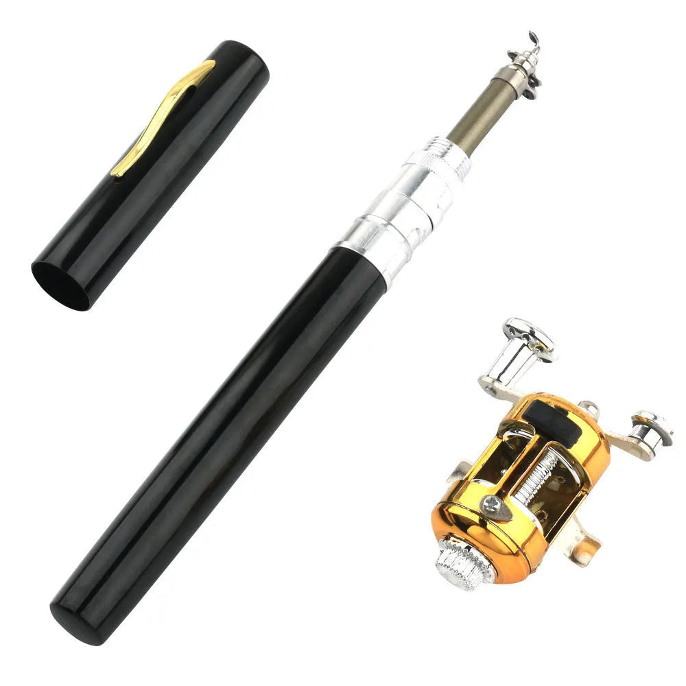 Gold telescopic fishing rod extended to 1 metre with ST5RL drum alongside collapsed rod in aluminium case