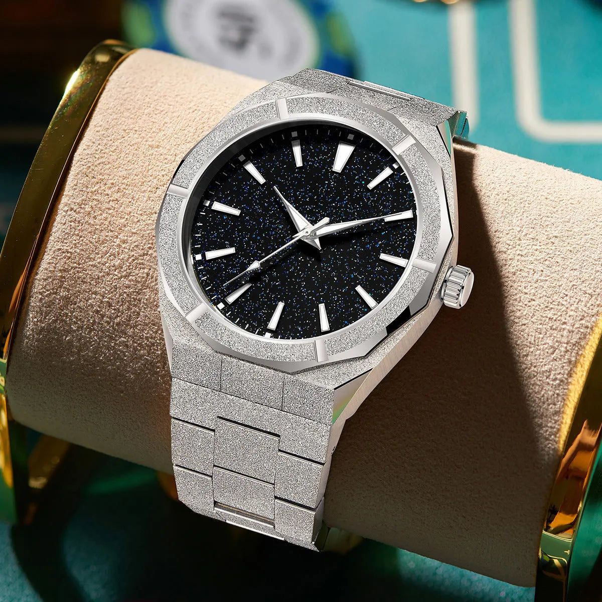 Men's stainless steel business watch with luminous markers in black, gold, or silver