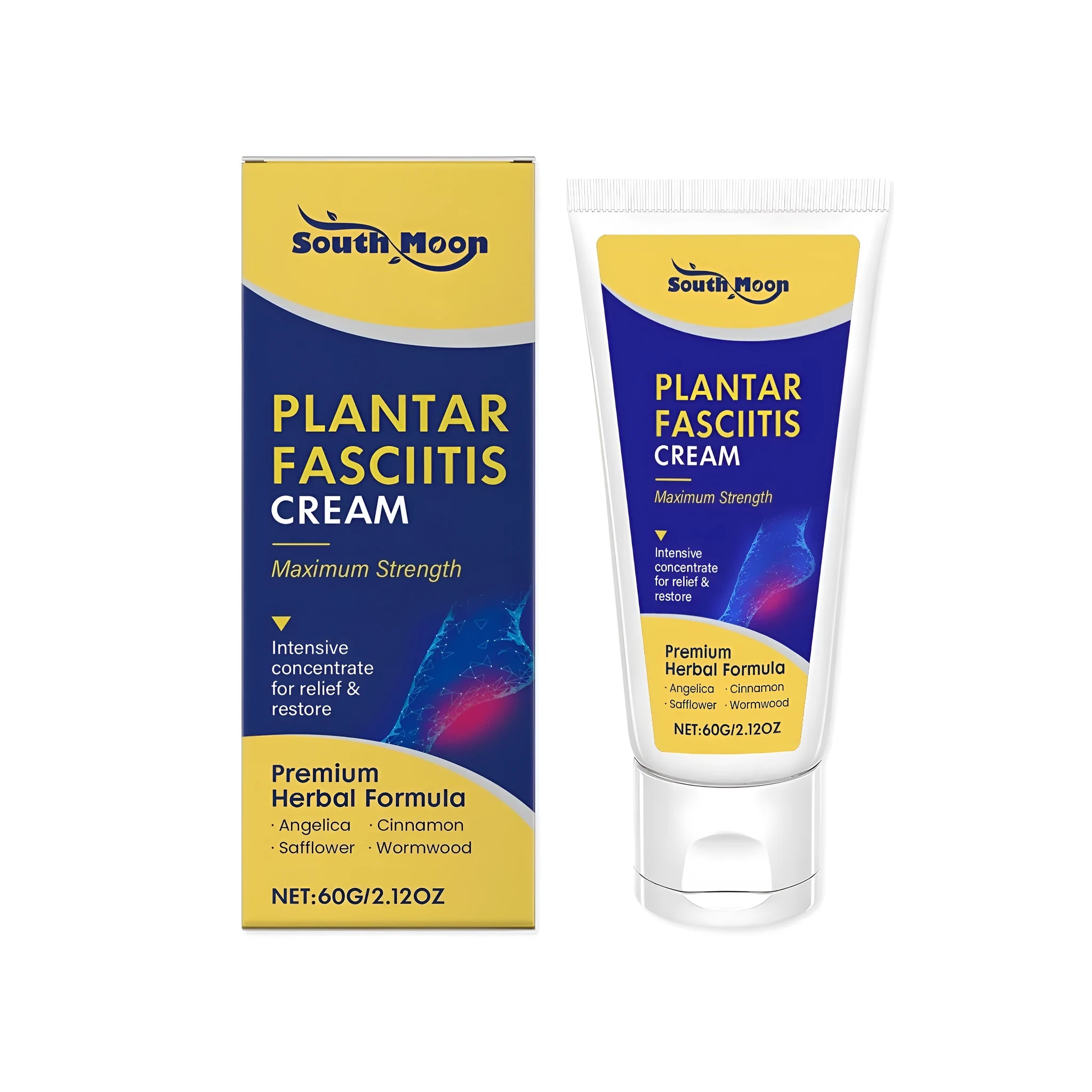 60g container of foot relief cream with mint leaves, angelica sinensis and cinnamon oil ingredients