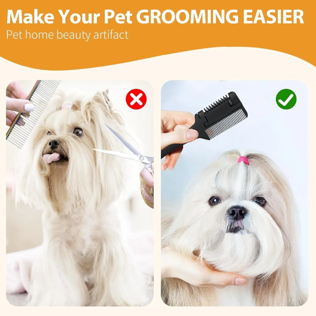 Razor comb for dogs and cats with attached blade and packet of ten spare replacement blades.