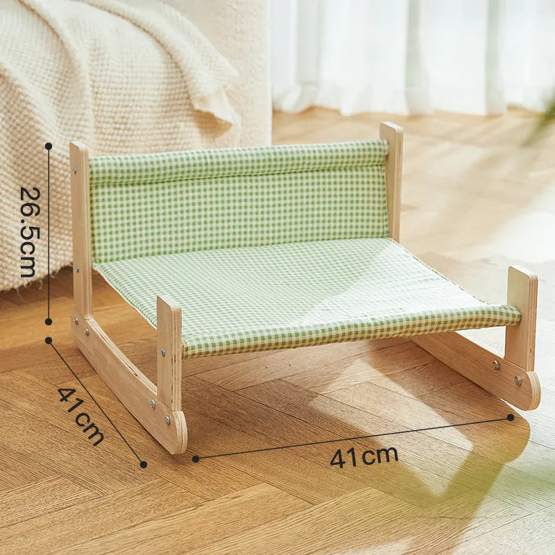 Wooden frame elevated cat hammock bed with cloth cover in blue colour