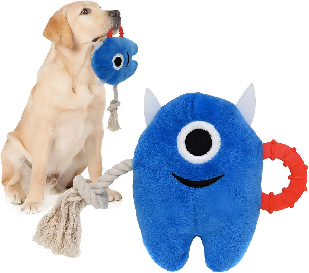 Blue and green plush dog toy with integrated cotton rope and a squeaker for chew and tug play.