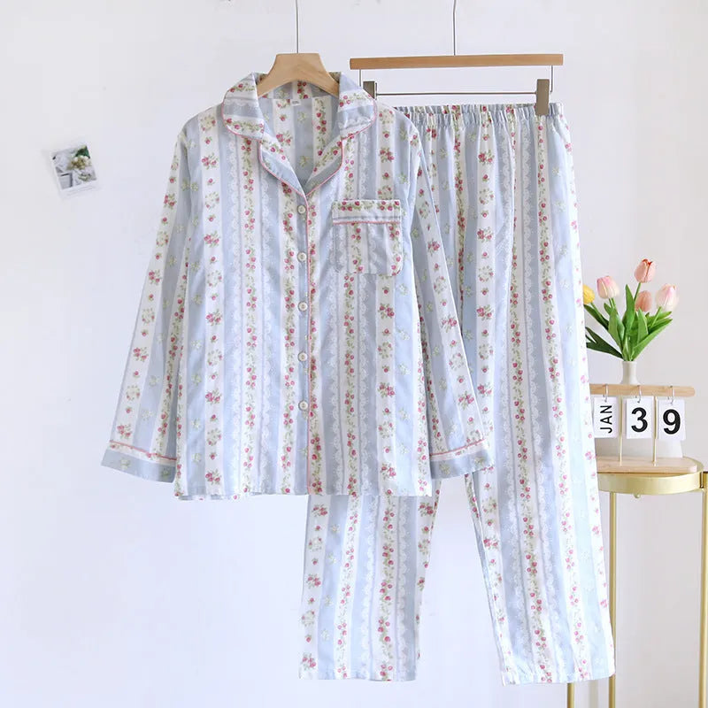 Japanese style cotton gauze ladies homewear set with long sleeves and trousers in stripe or red fruit pattern.