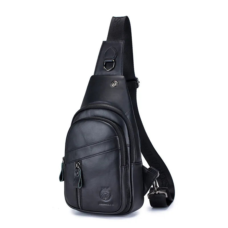 Men's retro messenger bag in brown solid colour first layer cowhide with sewing thread detailing