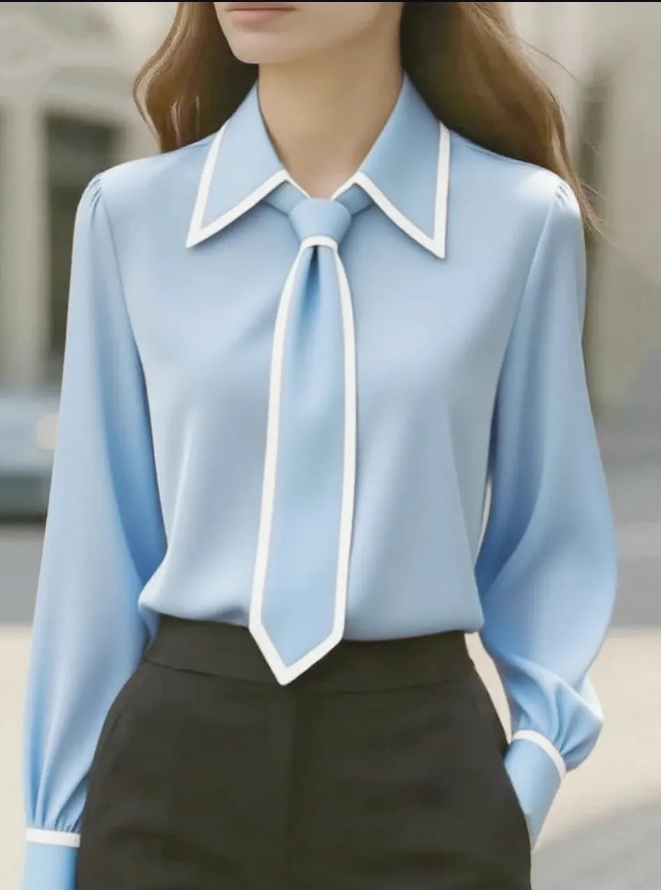 Women's solid colour satin polyester tie front long sleeve pullover shirt in khaki, front view