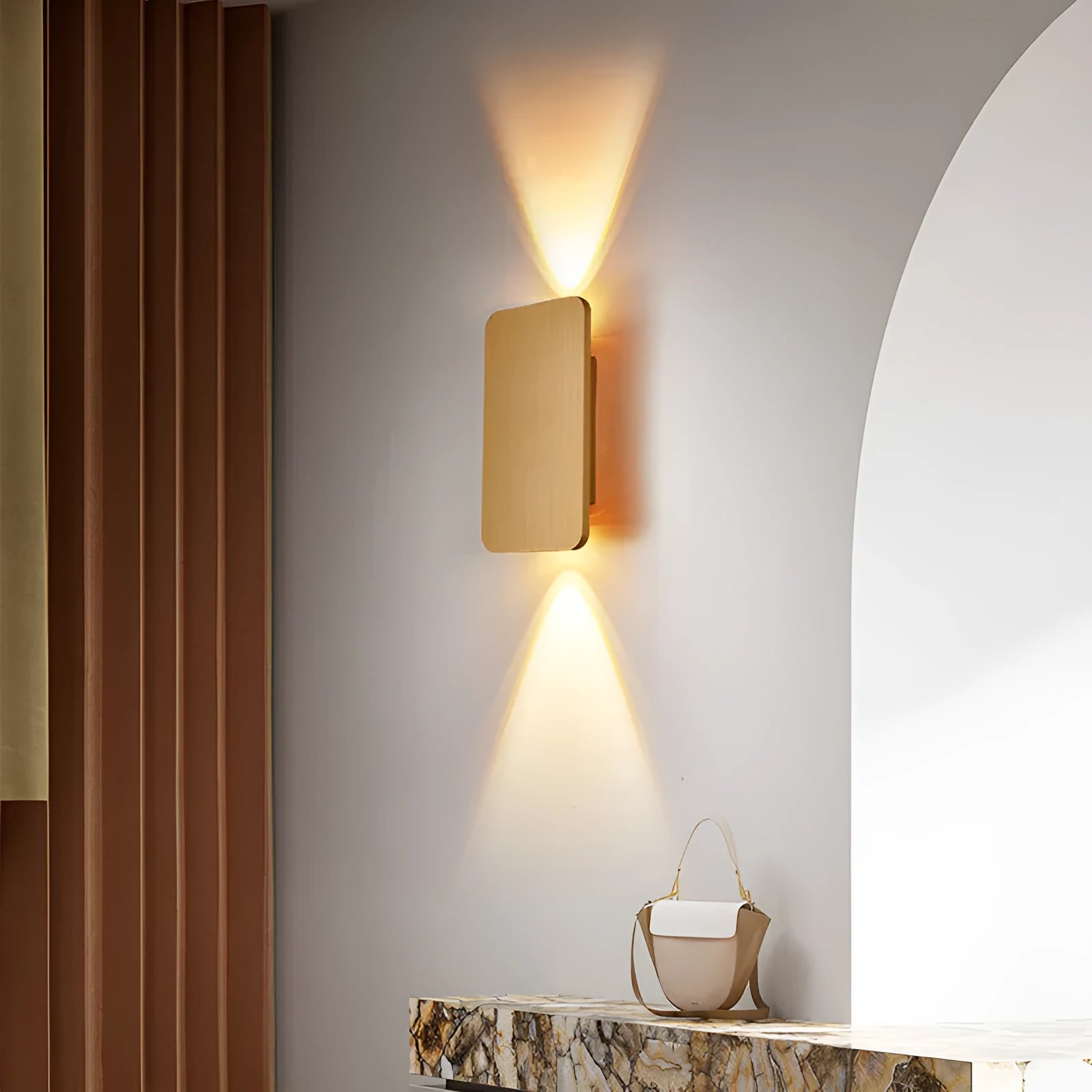Slim minimalist Nordic-style LED wall lamp mounted on a wall, shown in a choice of colours and sizes.