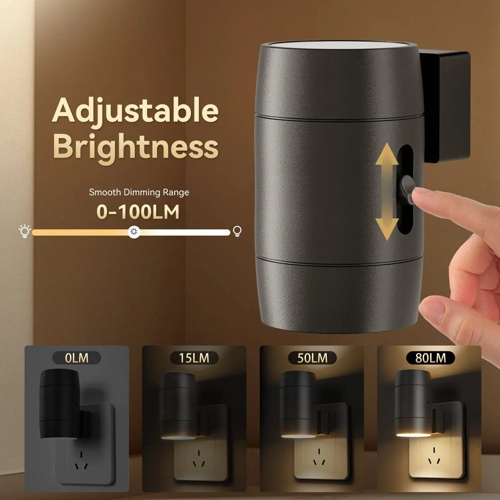 Plug-in adjustable LED night light with rotatable head in warm white 300K colour