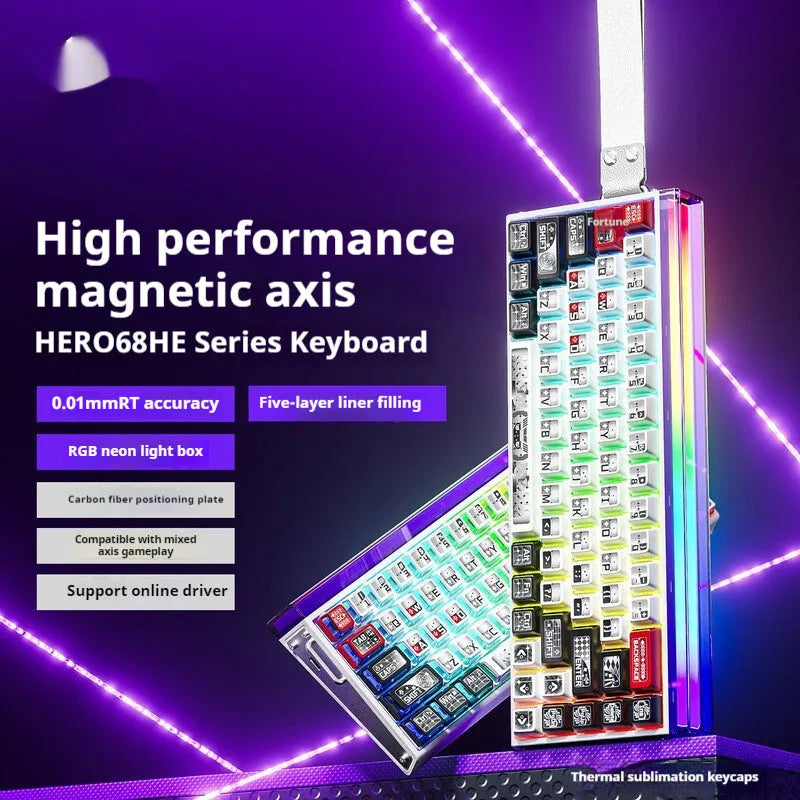 Magnetic axis mechanical keyboard with RGB lighting showing side-engraved design options