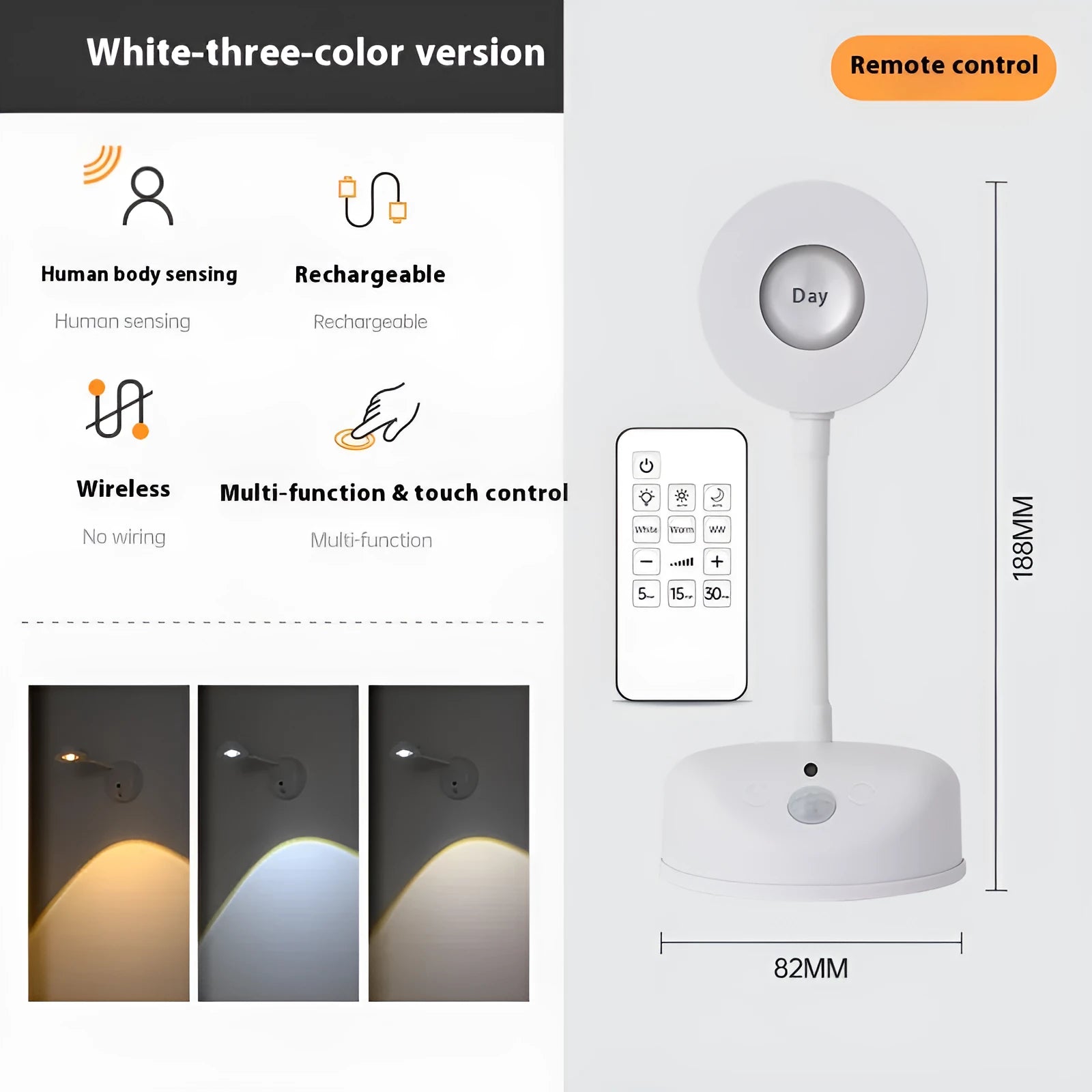 Geometric rechargeable wireless wall spotlight with remote control for white or black tricolour lighting