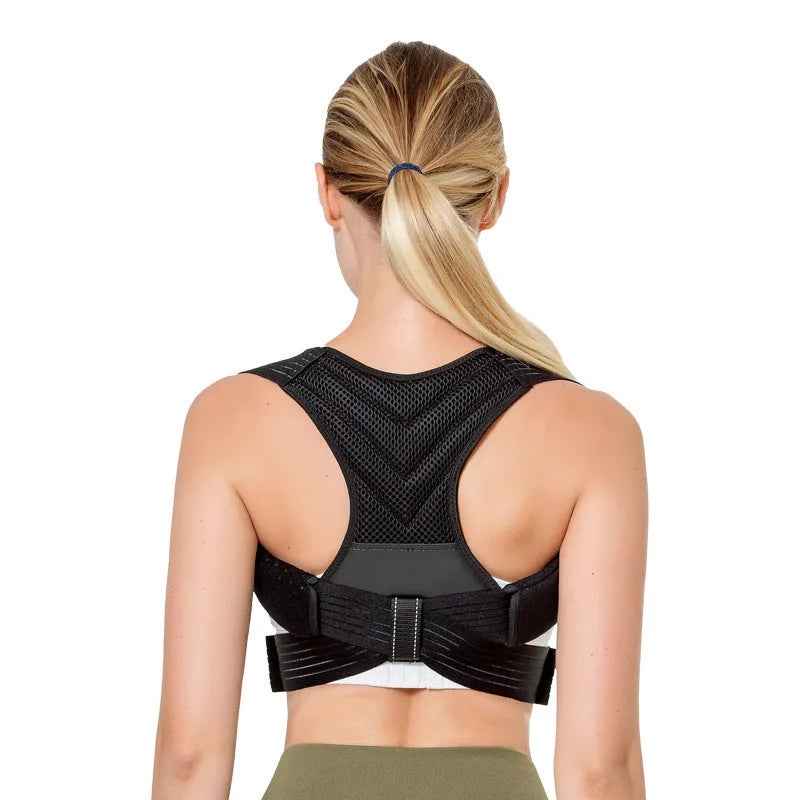 Black adjustable anti-humpback posture correction belt worn for back support.