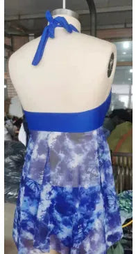 Blue women's bikini swimsuit made from stretch spandex fabric on a white background.