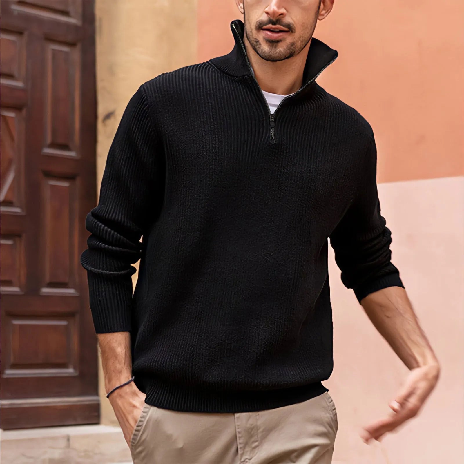 New POLO zip high neck men's polo shirt long sleeve loose fit stripes print chemical fibre blend black colour