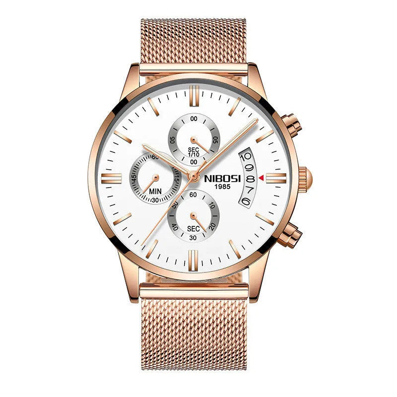 Men's watch with 43mm dial diameter, 11mm thickness, 22mm strap, quartz movement, stainless steel case