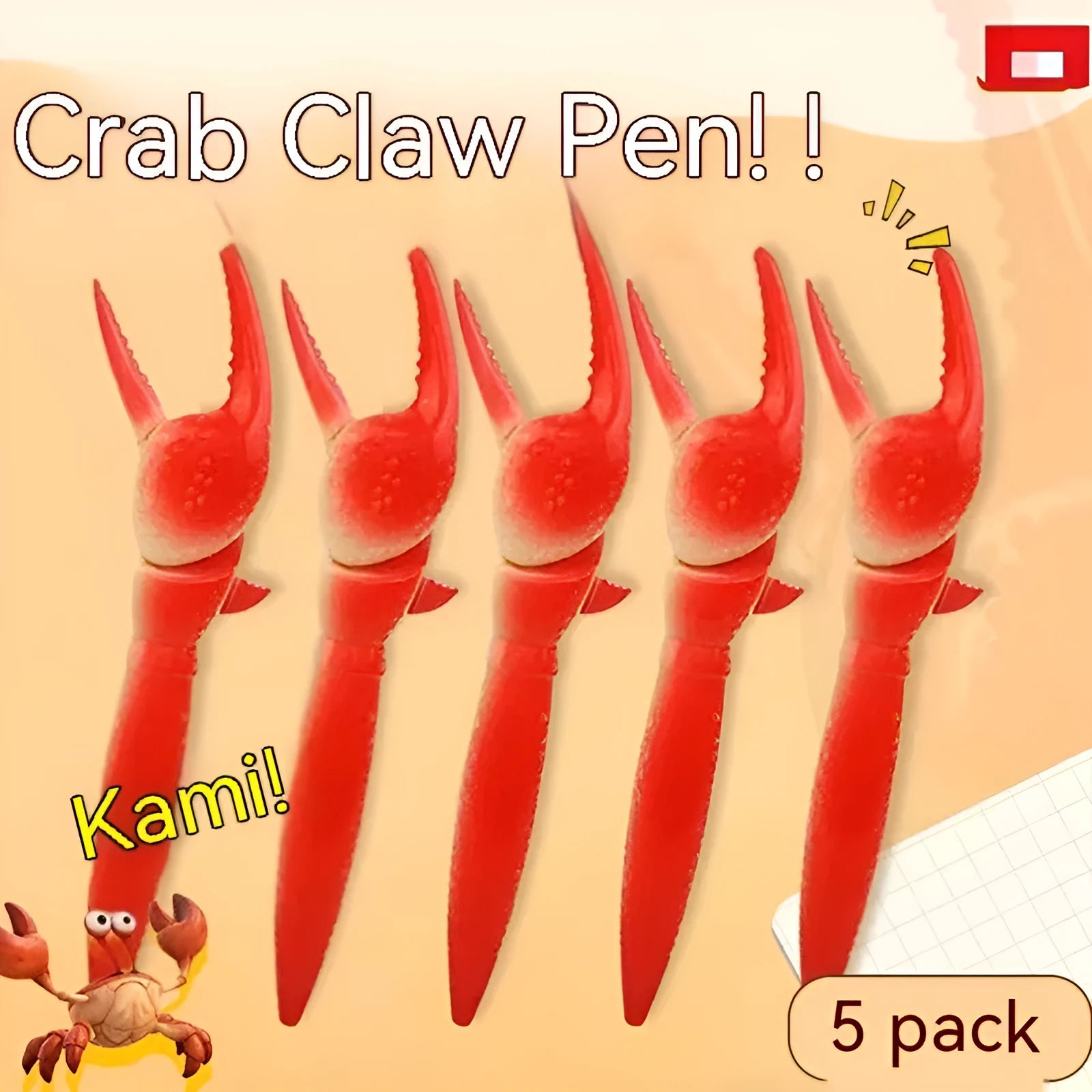 Crab-shaped ballpoint pen with pressing can clip mechanism and personalised crab design