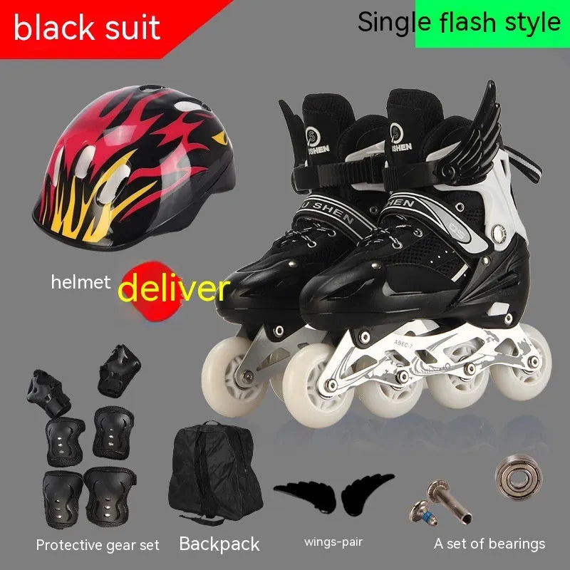 Colourful adjustable children's roller skates with aluminium frame, PU foam wheels, and full set of protective gear.