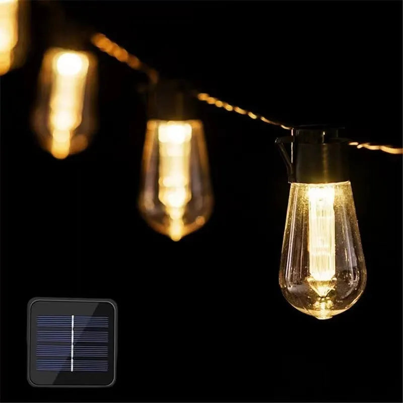 Waterproof outdoor string lights with retro glass bottle-shaped lamps hanging from a green wire.