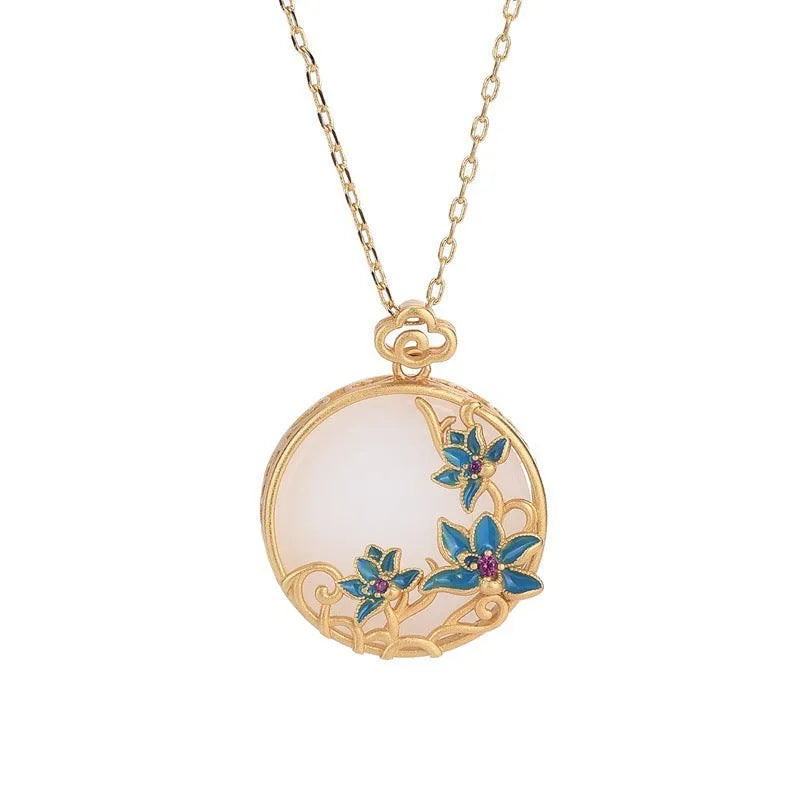 24k gold-plated Hetian jade peace buckle necklace with O-ring chain on collarbone