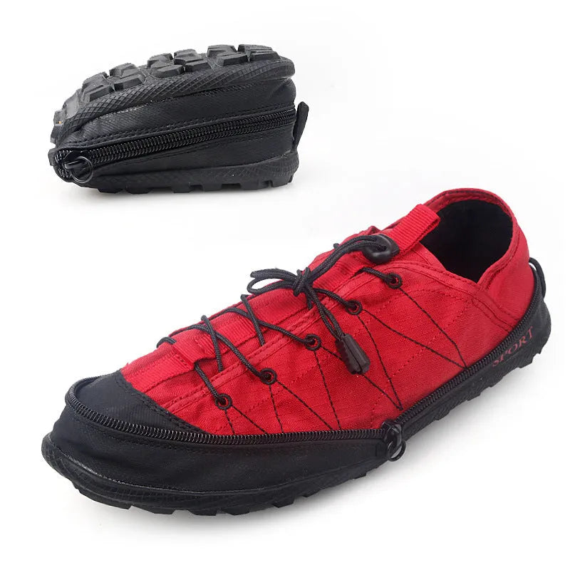 Orange folding outdoor hiking shoe with side zipper, shown next to its compact folded state