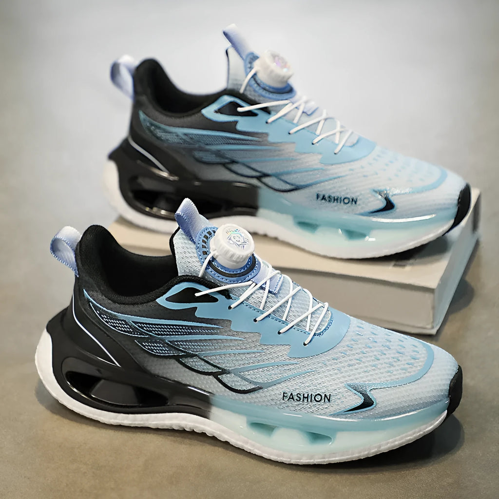 Youth casual sneaker with rotating button closure in light blue mesh and a non-slip rubber sole