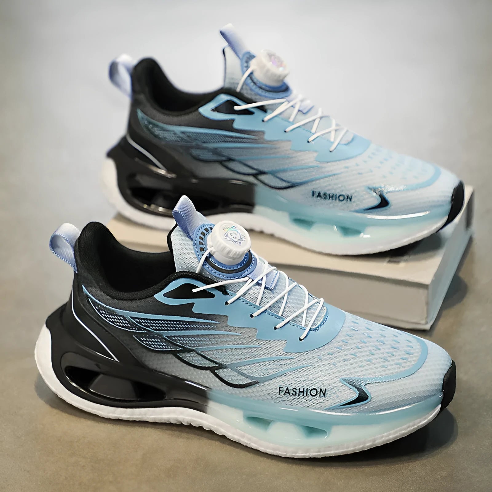 Youth casual sneaker with rotating button closure in light blue mesh and a non-slip rubber sole
