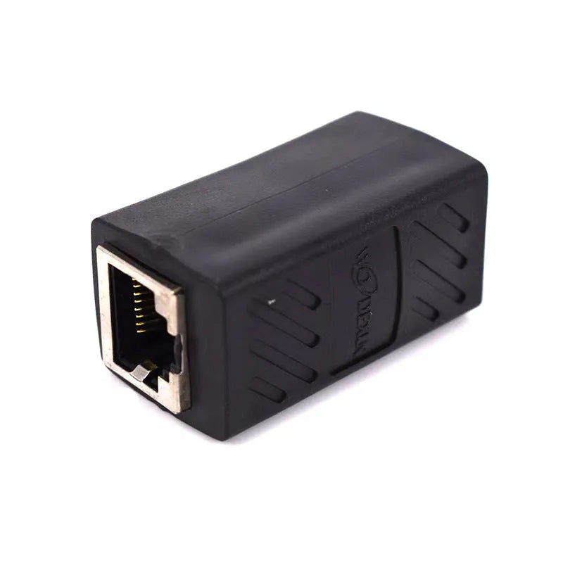 Black RJ45 network cable extender adapter with connectors on both ends