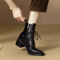 Women's black pointed toe short tube boots with 5.5cm heel and artificial PU upper