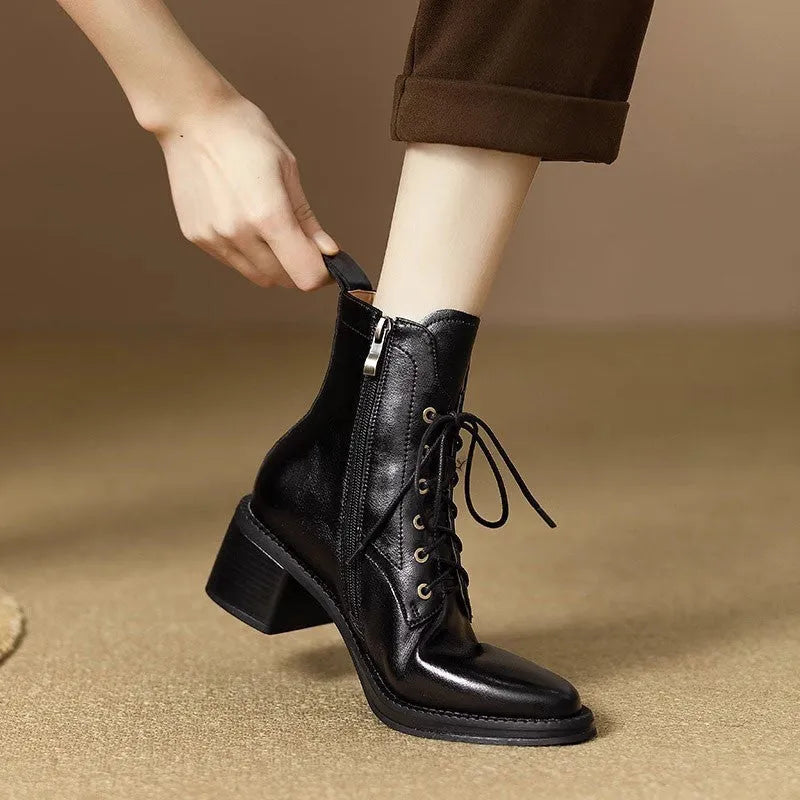 Women's black pointed toe short tube boots with 5.5cm heel and artificial PU upper