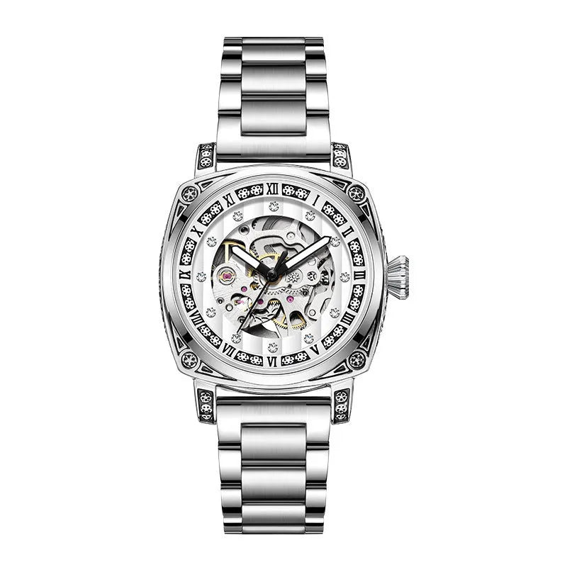 Mechanical wristwatch with luminous hands on a leather strap, shown in multiple colour options.