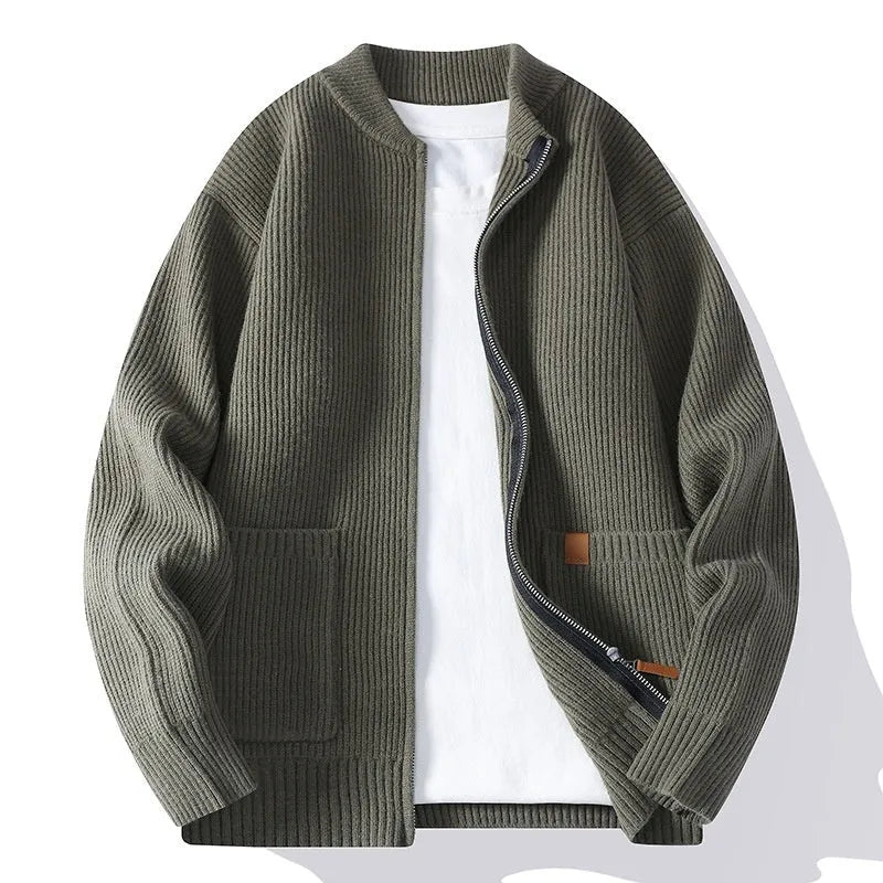 Men's striped cardigan jacket in polyvinyl alcohol fiber blend available in five colours with straight cut silhouette