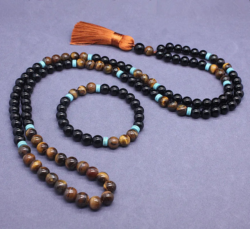 Black agate bracelet and tiger stone necklace geometric jewellery set
