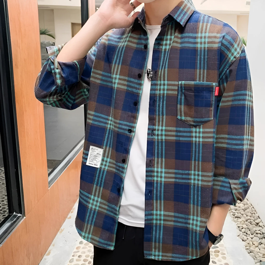 Men's long-sleeved plaid casual Korean-style versatile top shirt cardigan, loose fit, brown grid, polyester