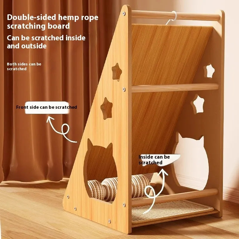 Vertical wall-mounted cat scratching board with sisal surface and a built-in teasing ball.