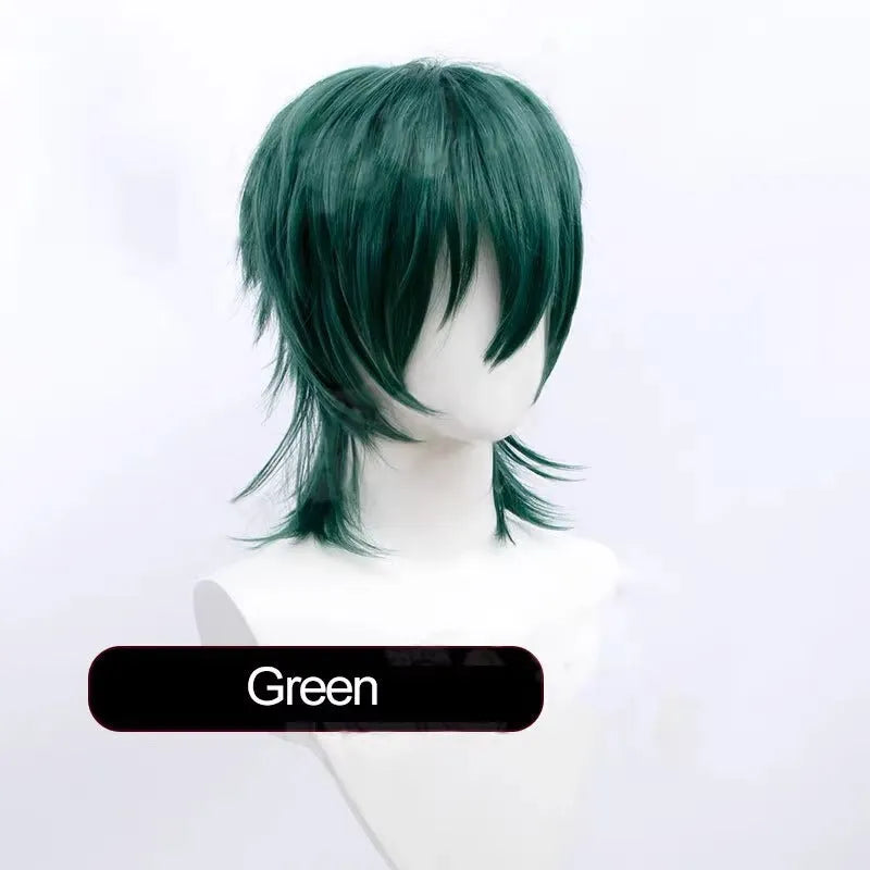 Men's short black anime-style cosplay wig on a stand